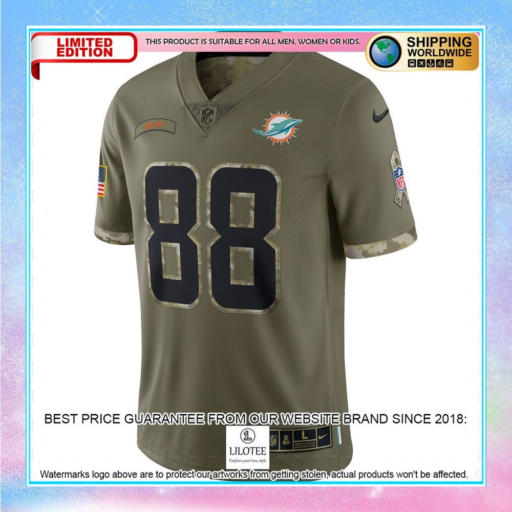 mike gesicki miami dolphins 2022 salute to service limited jersey olive football jersey 2 720