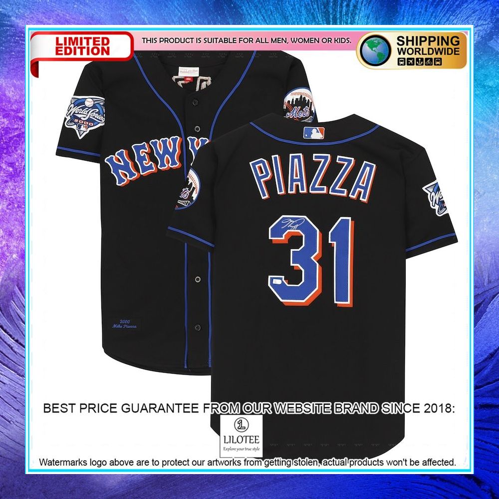 mike piazza new york mets autographed black mitchell and ness cooperstown collection 2000 world series baseball jersey 1 813