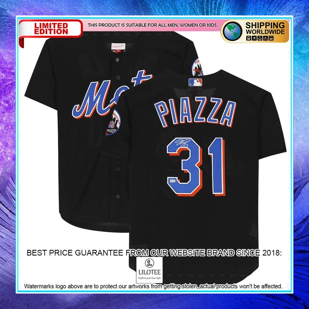 mike piazza new york mets autographed black mitchell and ness cooperstown collection batting practice baseball jersey 1 76