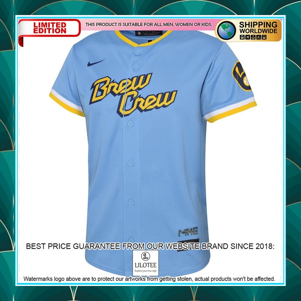 milwaukee brewers nike preschool 2022 city connect team powder blue baseball jersey 2 921
