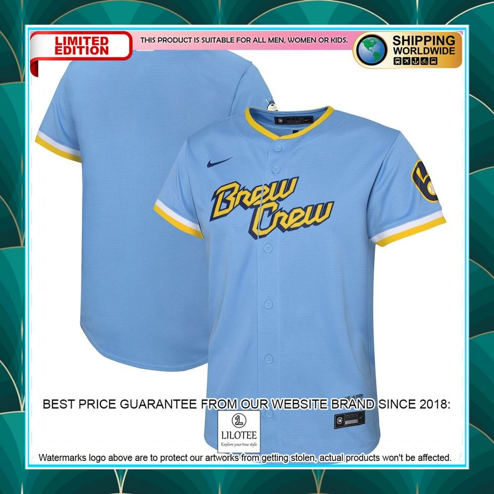 milwaukee brewers nike youth 2022 city connect team powder blue baseball jersey 1 702