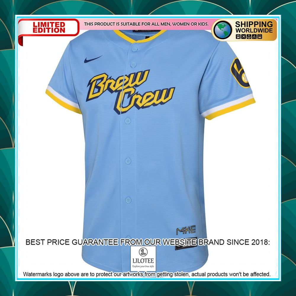 milwaukee brewers nike youth 2022 city connect team powder blue baseball jersey 2 724