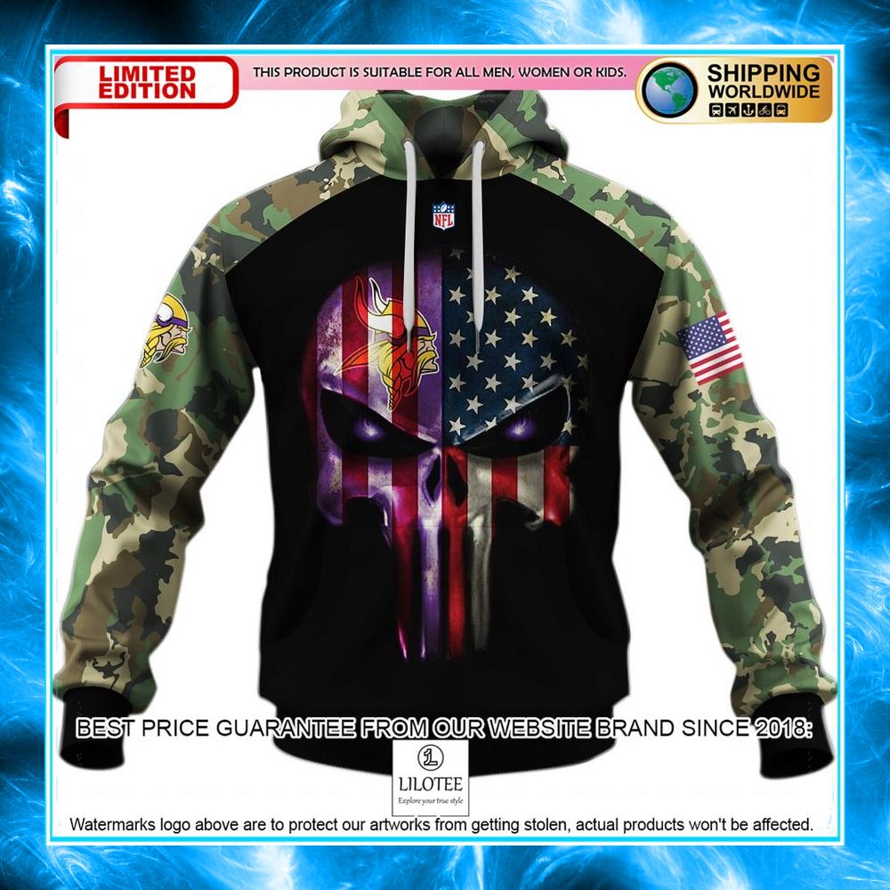 minnesota vikings army camouflage american flag punisher skull 3d shirt hoodie 1 593