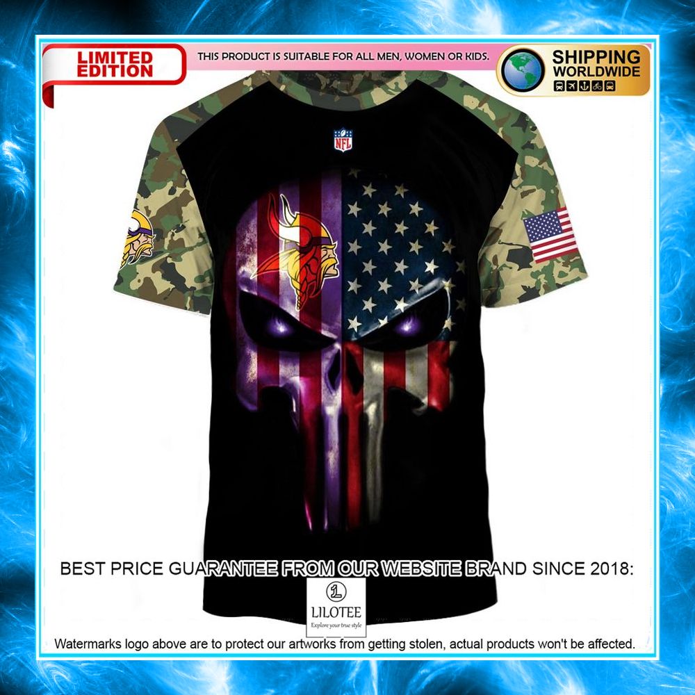minnesota vikings army camouflage american flag punisher skull 3d shirt hoodie 2 717