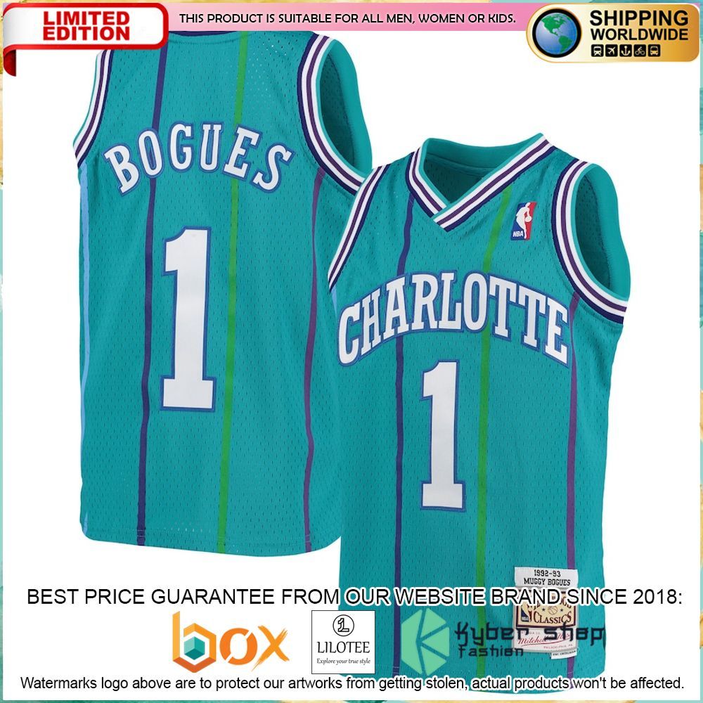 muggsy bogues charlotte hornets mitchell ness youth 1992 93 teal basketball jersey 1 83