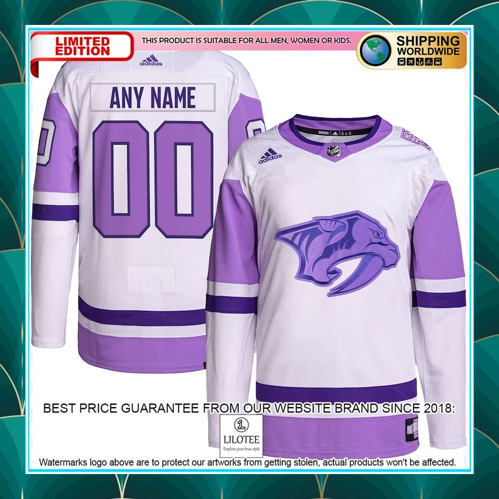 nashville predators adidas hockey fights cancer primegreen custom white purple hockey jersey 1 551