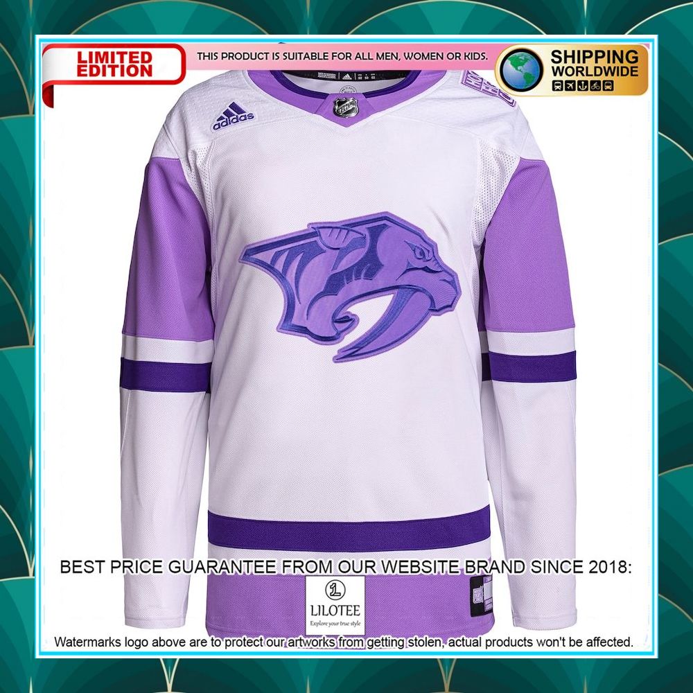 nashville predators adidas hockey fights cancer primegreen custom white purple hockey jersey 2 942