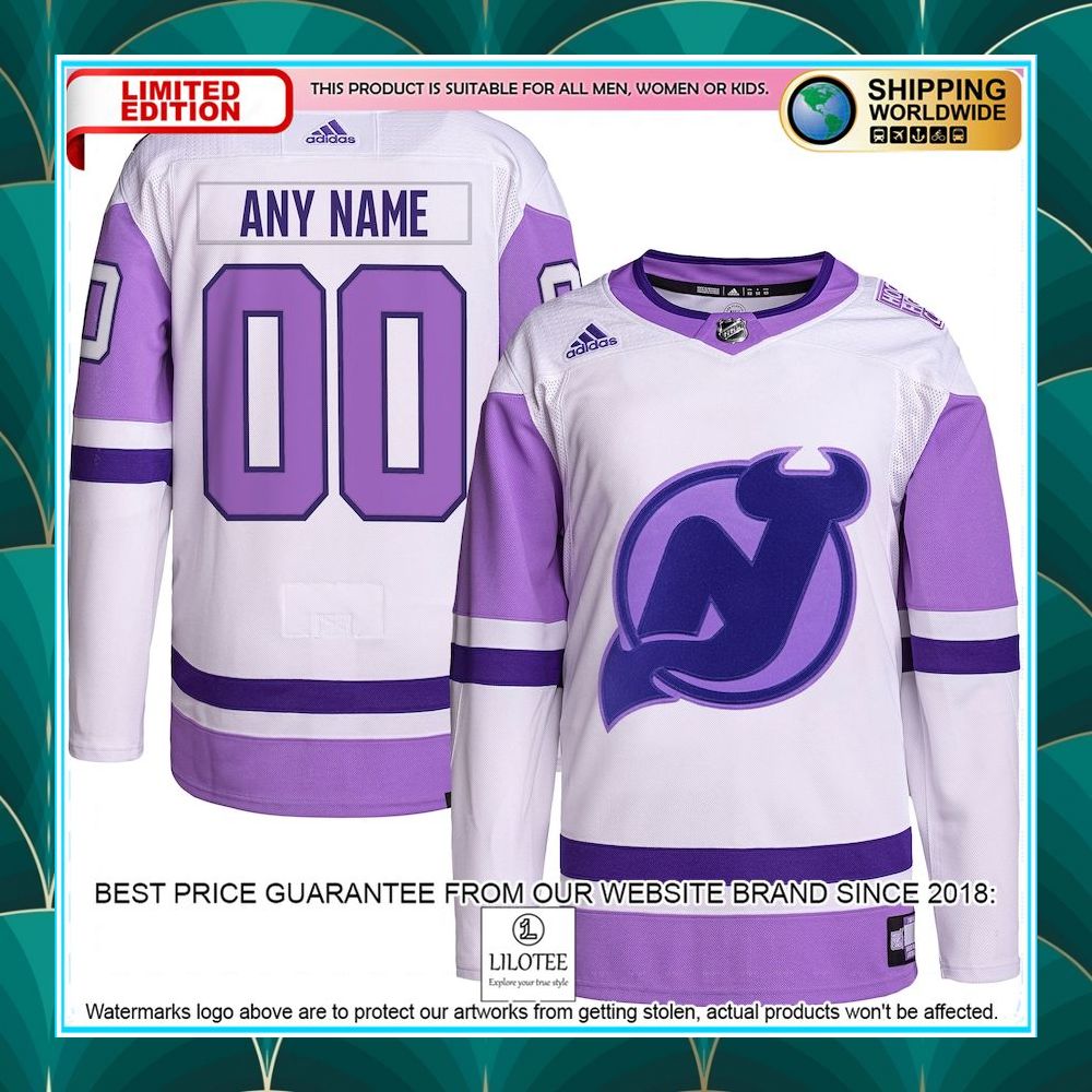 new devils adidas hockey fights cancer primegreen custom white purple hockey jersey 1 892