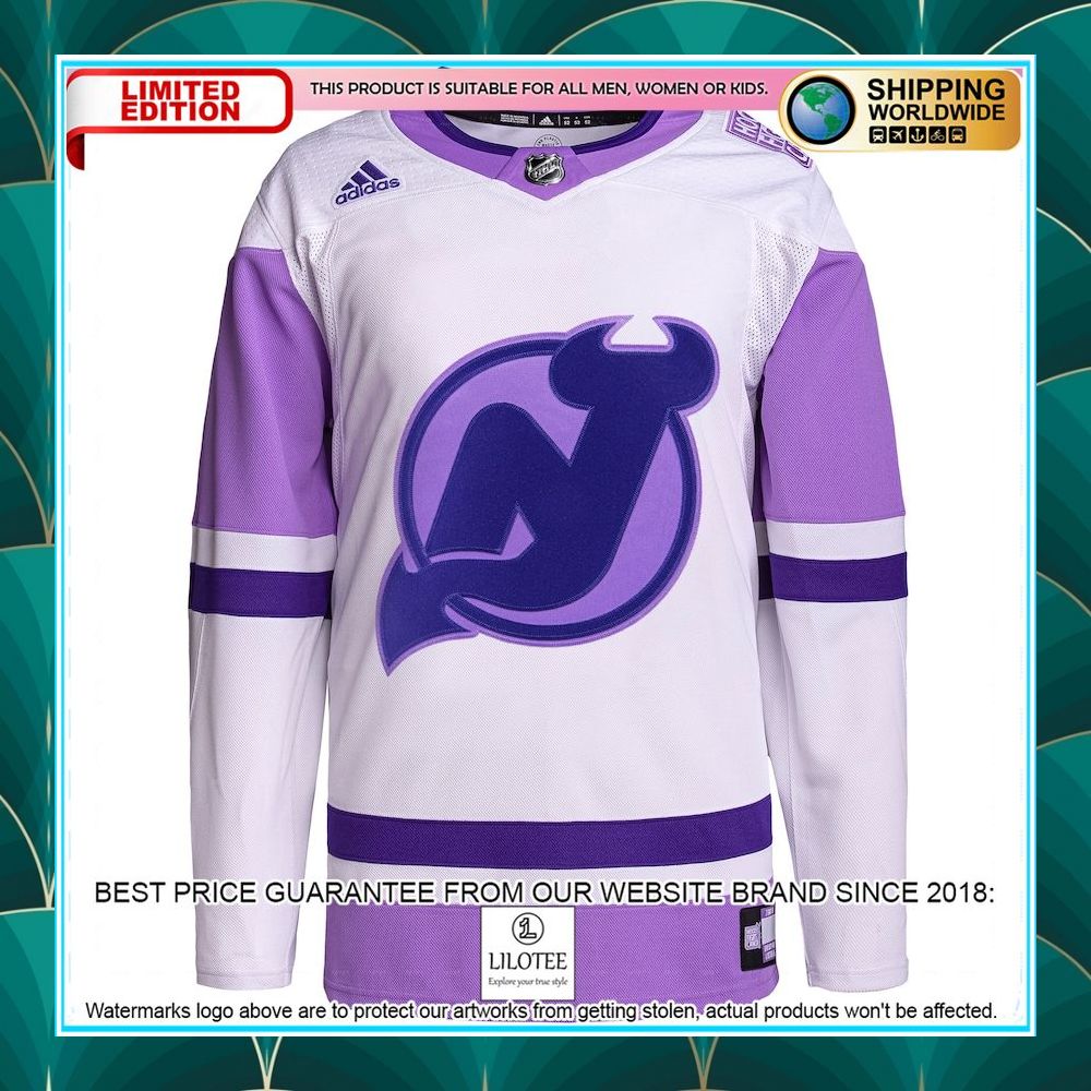 new devils adidas hockey fights cancer primegreen custom white purple hockey jersey 2 296