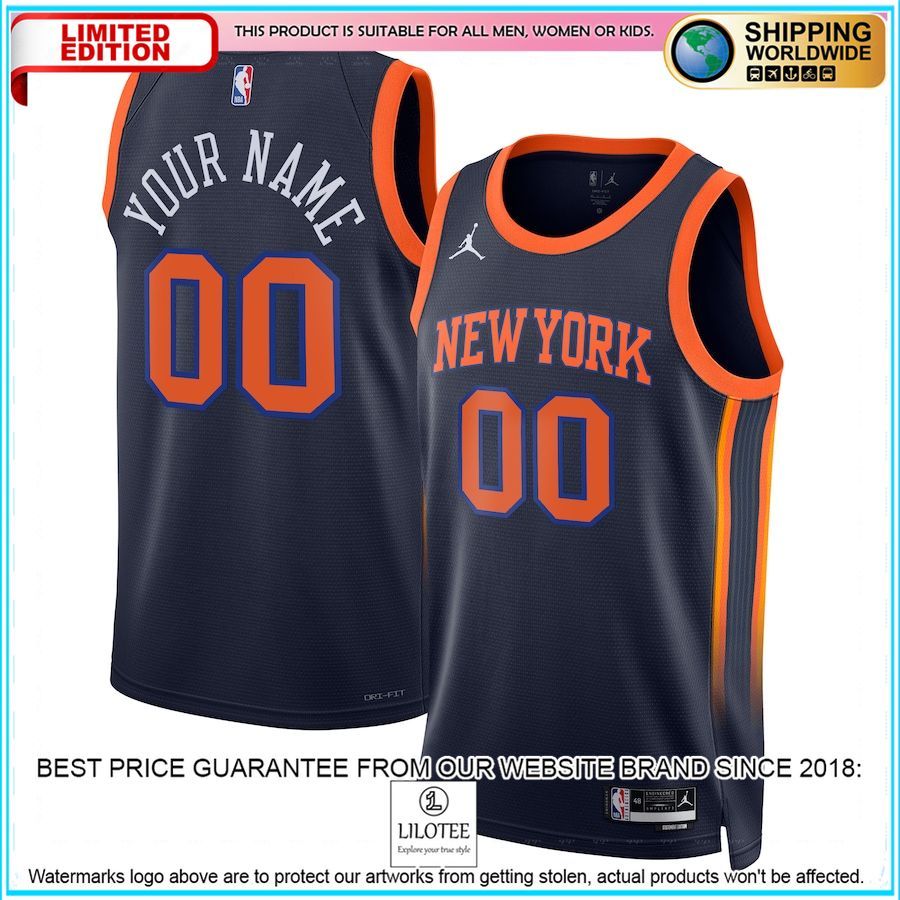 new york knicks jordan brand 2022 23 custom navy basketball jersey 1 587