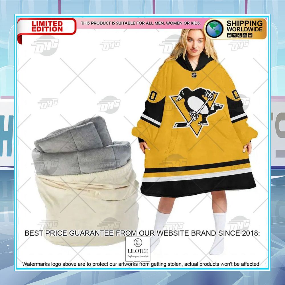 nhl pittsburgh penguins yellow custom oodie blanket hoodie 1 359