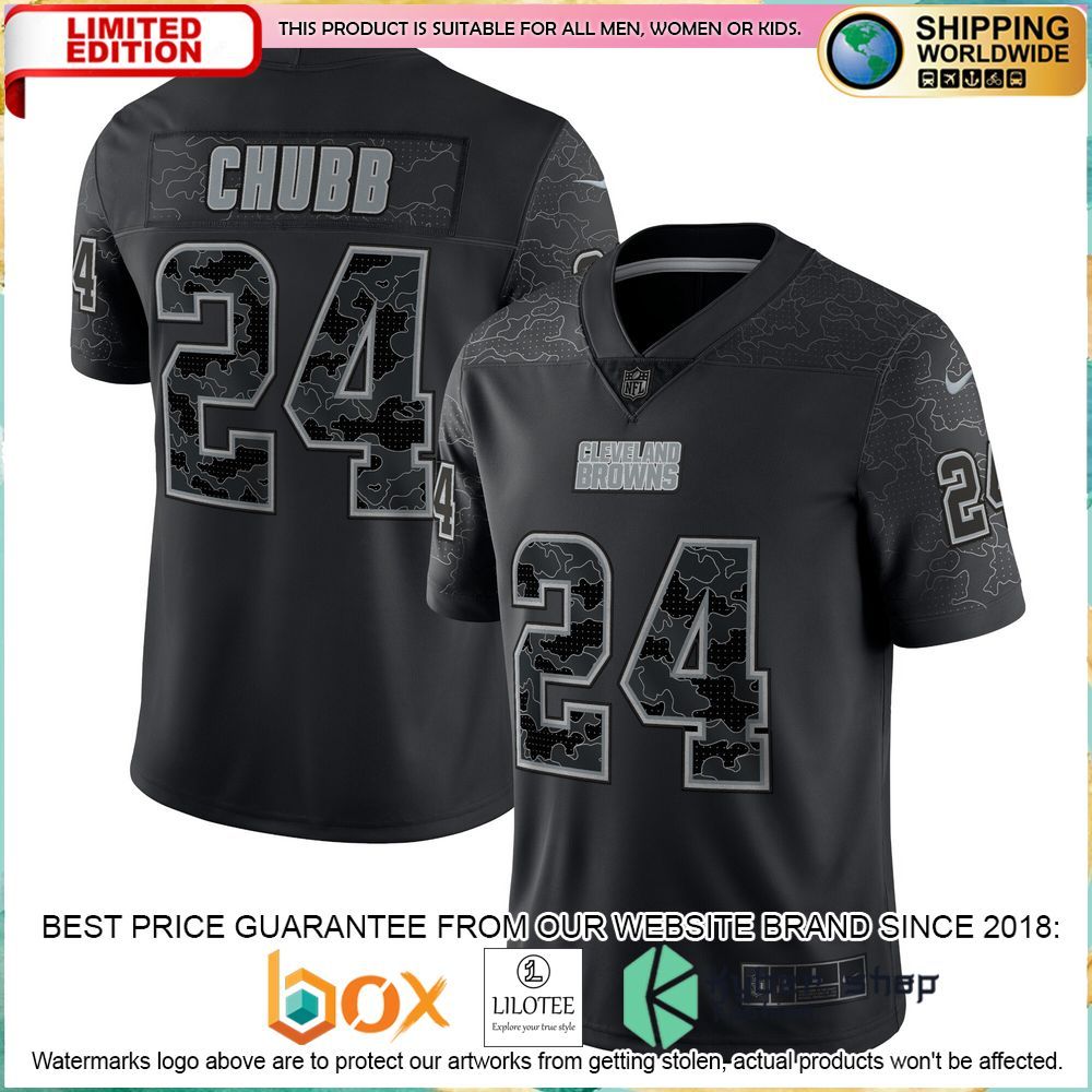 nick chubb cleveland browns nike rflctv black football jersey 1 565