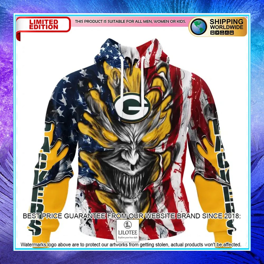 personalized green bay packers demon face american flag shirt hoodie 1 363