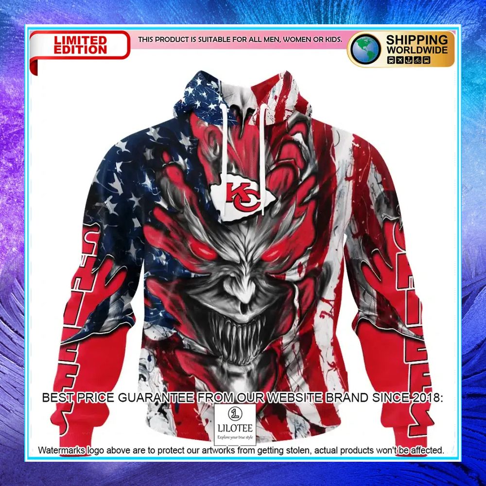 personalized kansas city chiefs demon face american flag shirt hoodie 1 477