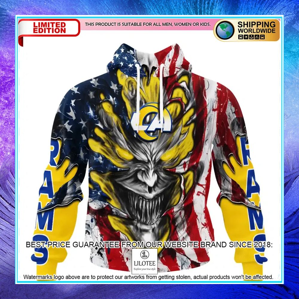 personalized los angeles rams demon face american flag shirt hoodie 1 485