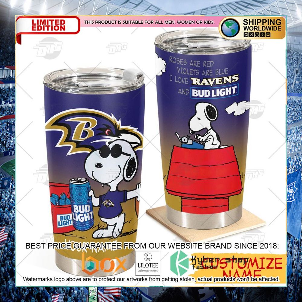 personalized nfl baltimore ravens snoopy bud light beer tumbler 1 231