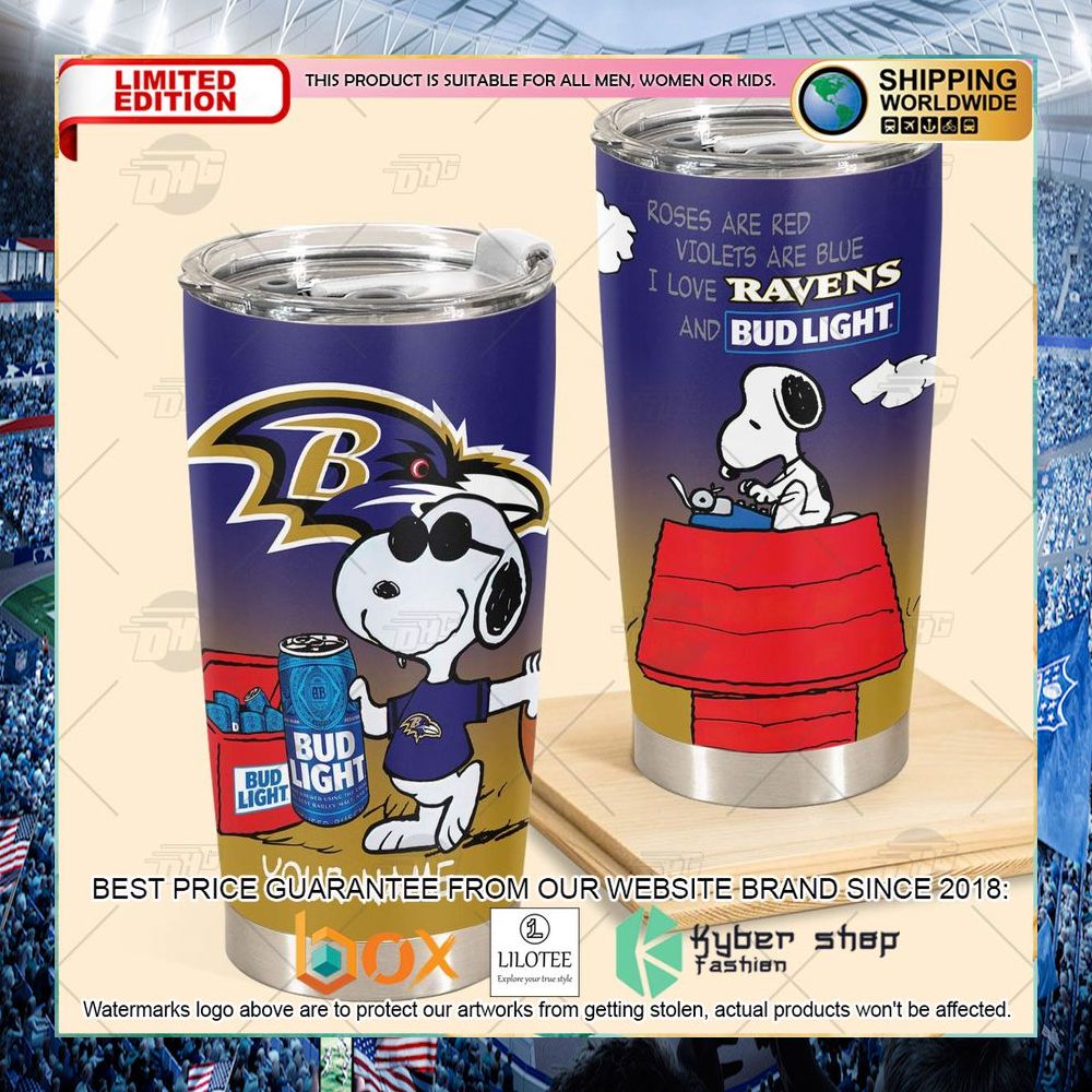 personalized nfl baltimore ravens snoopy bud light beer tumbler 2 610