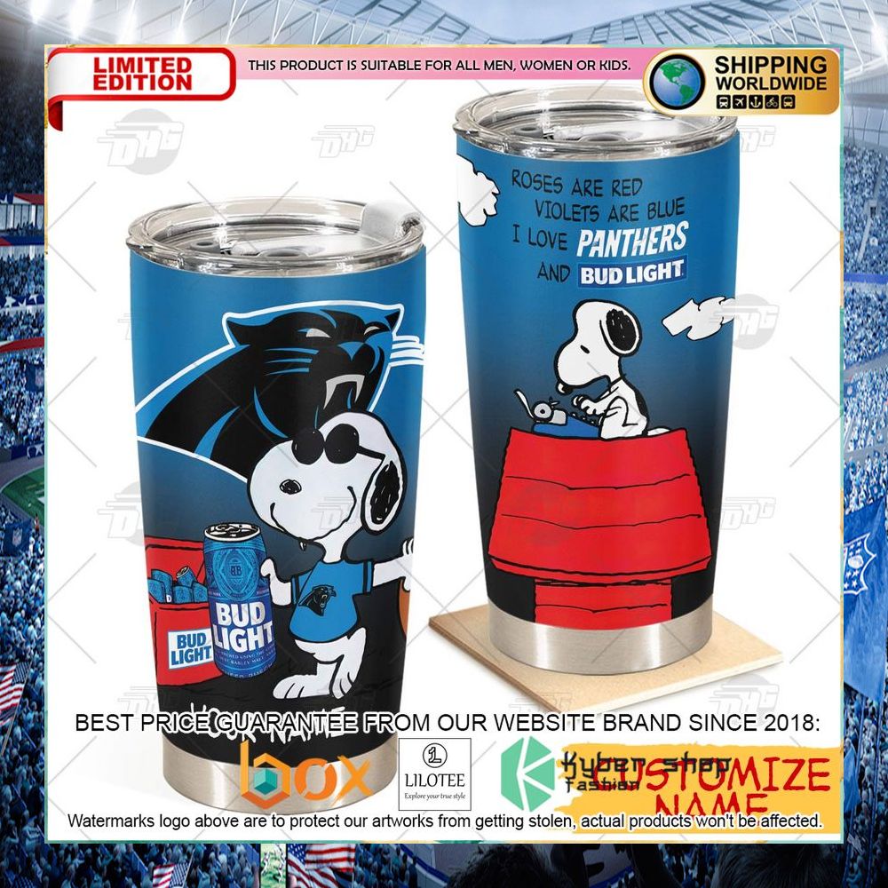 personalized nfl carolina panthers snoopy bud light beer tumbler 1 631