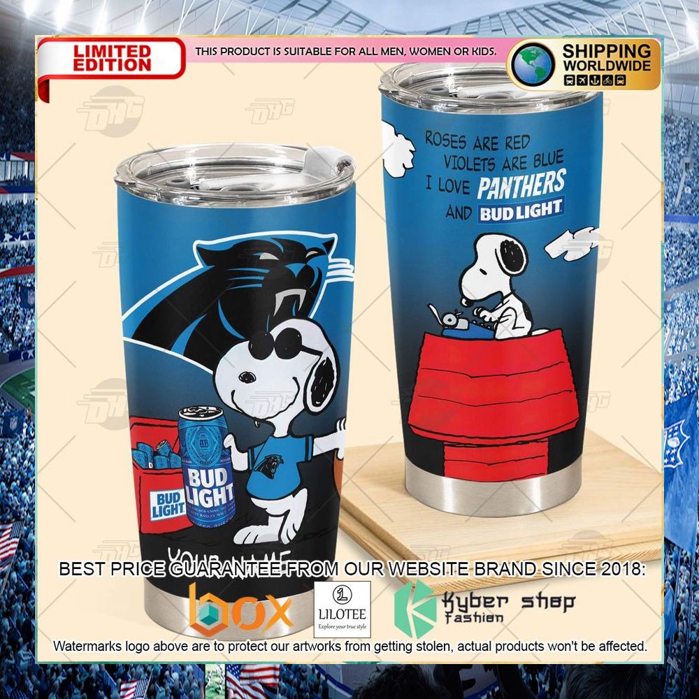 personalized nfl carolina panthers snoopy bud light beer tumbler 2 57