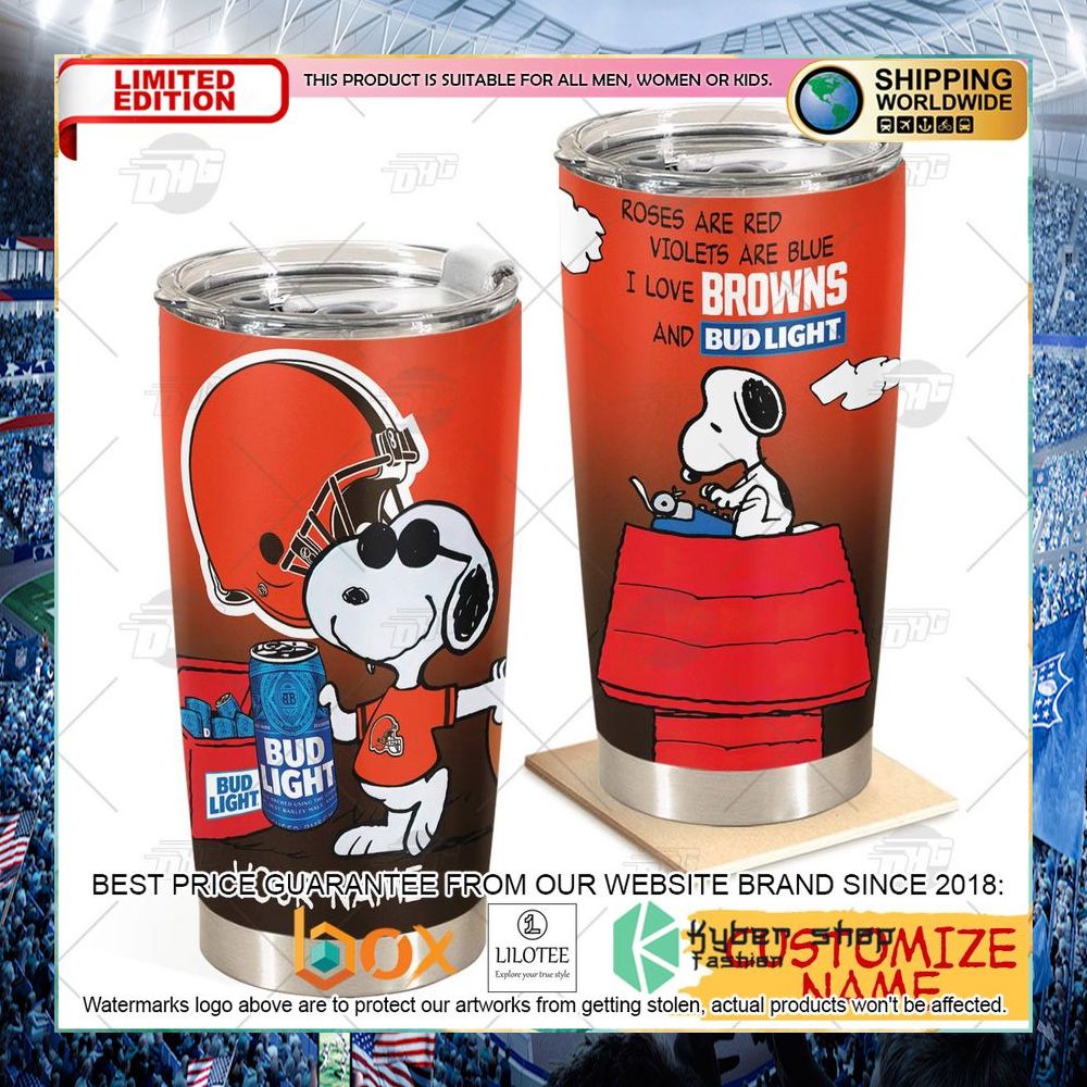 personalized nfl cleveland browns snoopy bud light beer tumbler 1 212