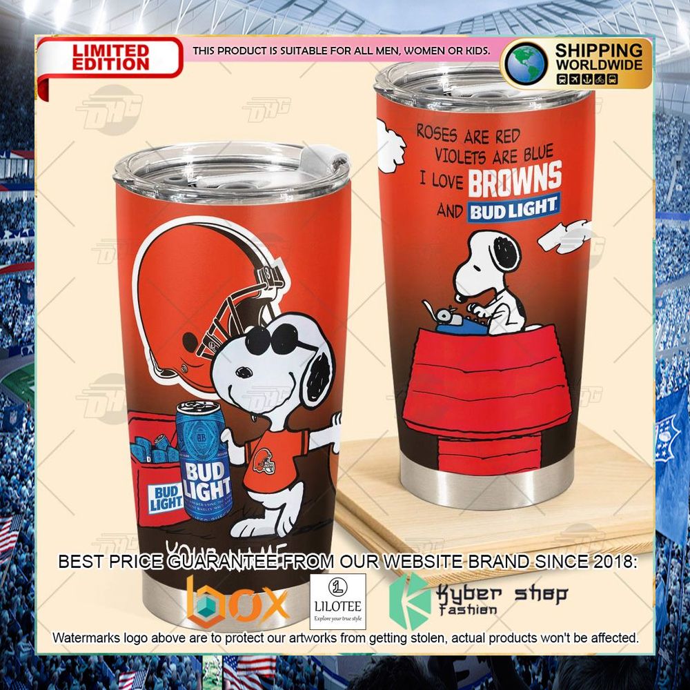 personalized nfl cleveland browns snoopy bud light beer tumbler 2 272