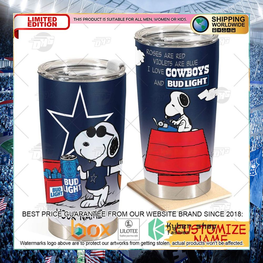 personalized nfl dallas cowboys snoopy bud light beer tumbler 1 231