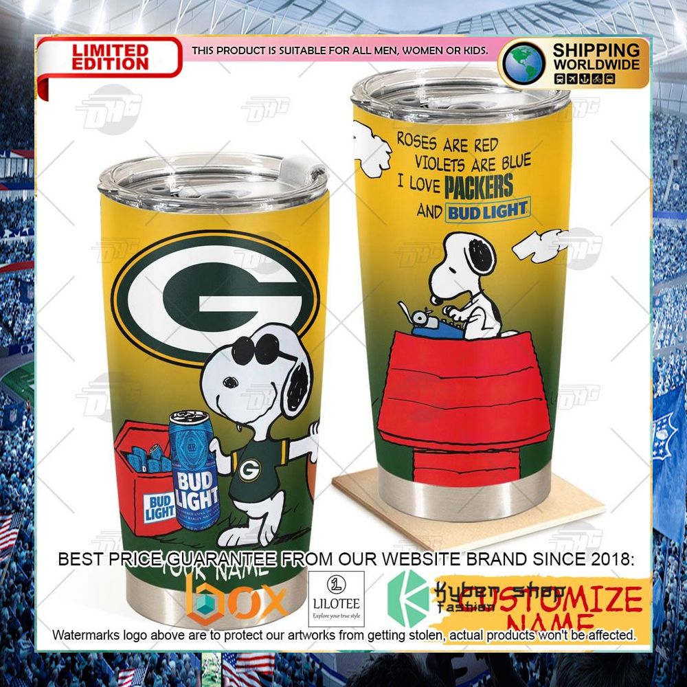 personalized nfl green bay packers snoopy bud light beer tumbler 1 91