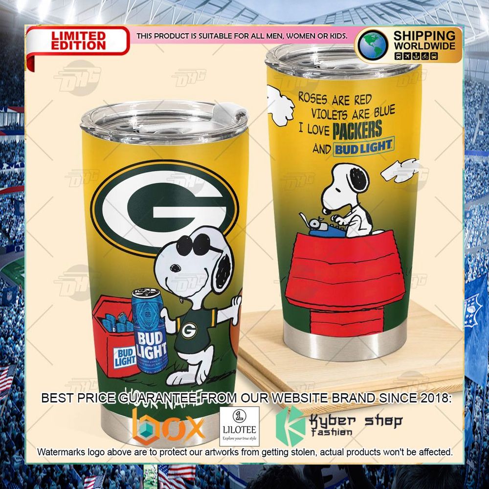 personalized nfl green bay packers snoopy bud light beer tumbler 2 786