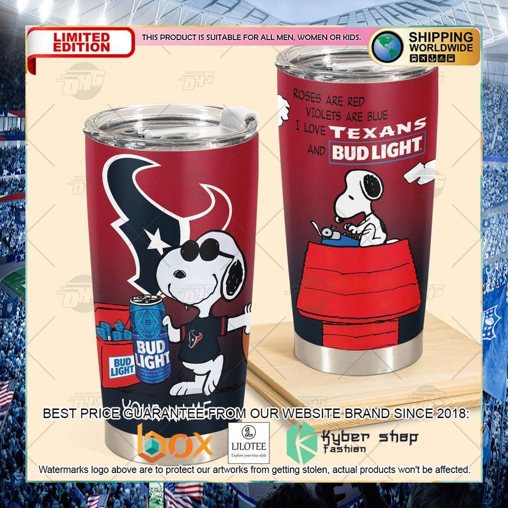 personalized nfl houston texans snoopy bud light beer tumbler 2 982