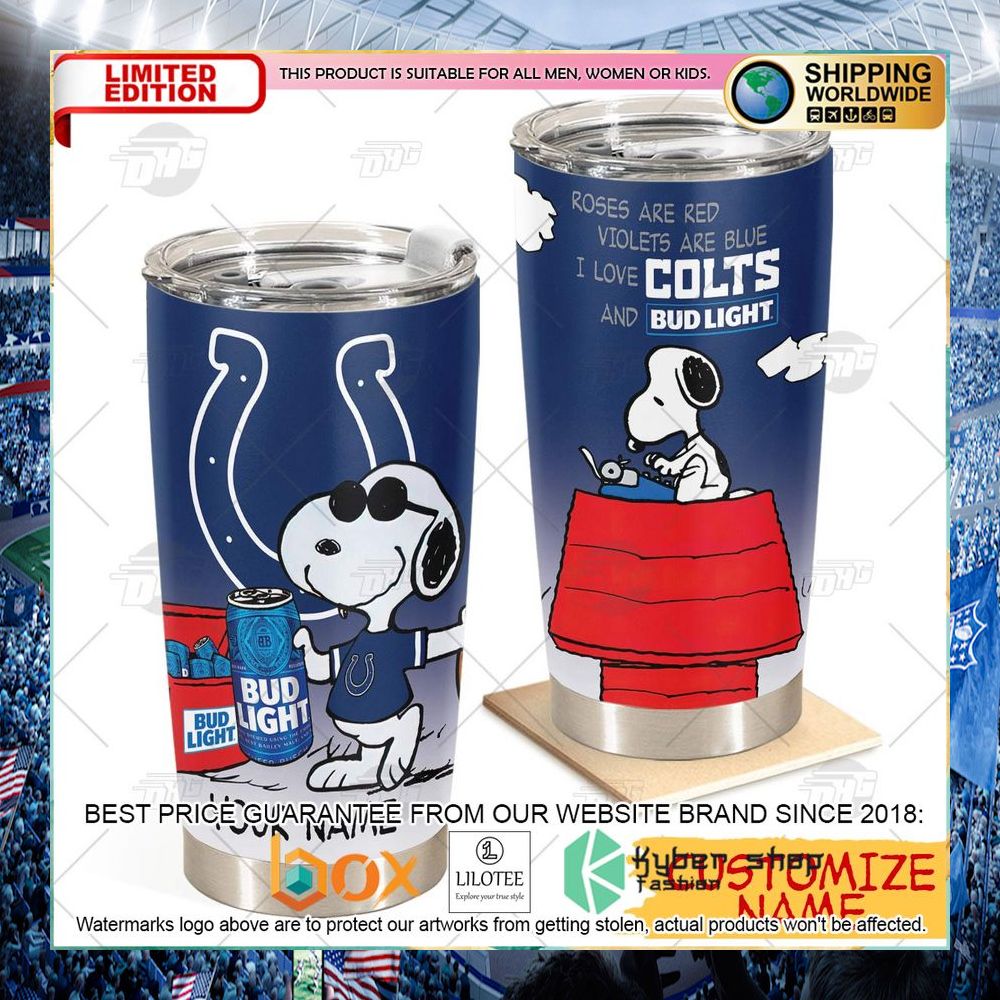 personalized nfl indianapolis colts snoopy bud light beer tumbler 1 22
