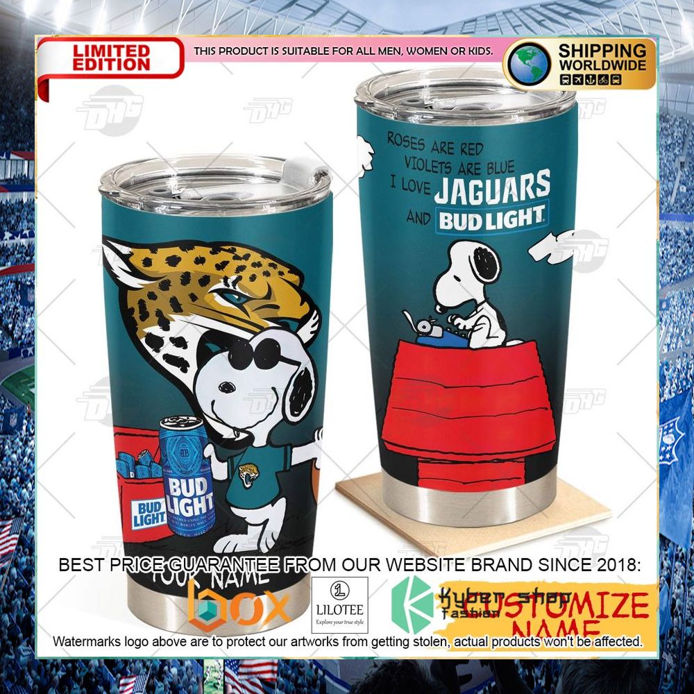 personalized nfl jacksonville jaguars snoopy bud light beer tumbler 1 437