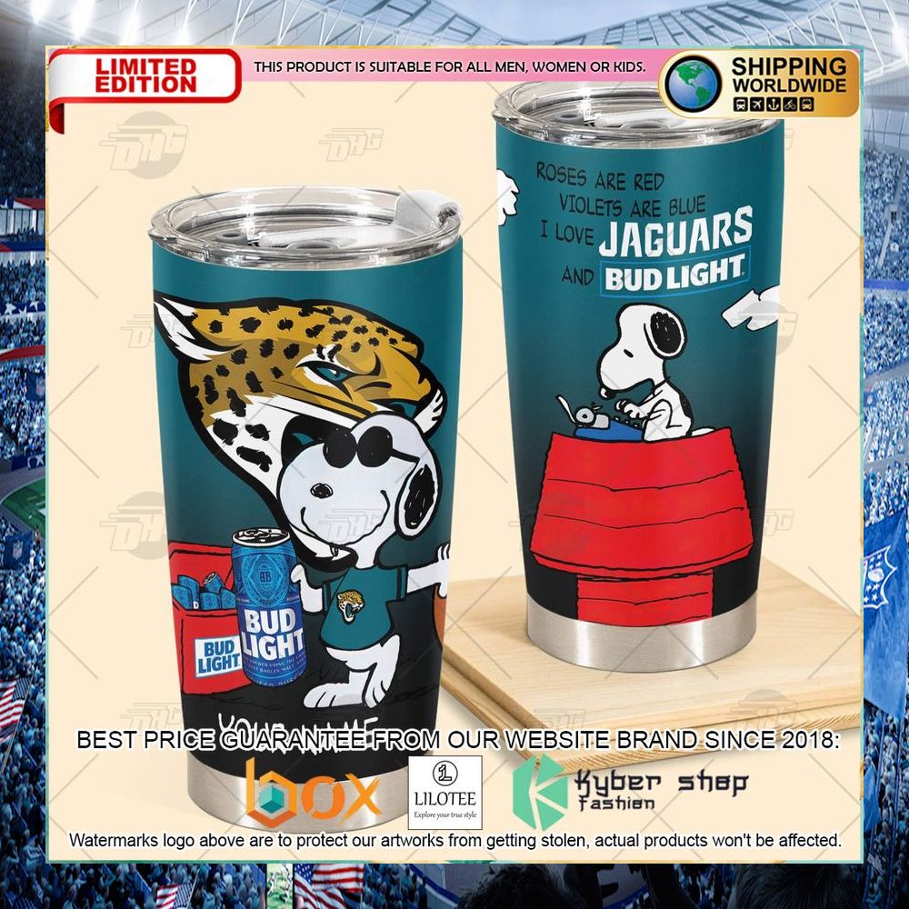 personalized nfl jacksonville jaguars snoopy bud light beer tumbler 2 609