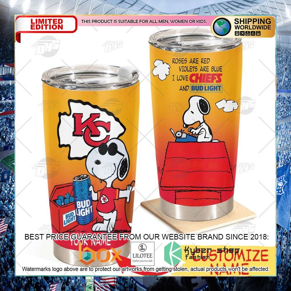 personalized nfl kansas city chiefs snoopy bud light beer tumbler 1 557