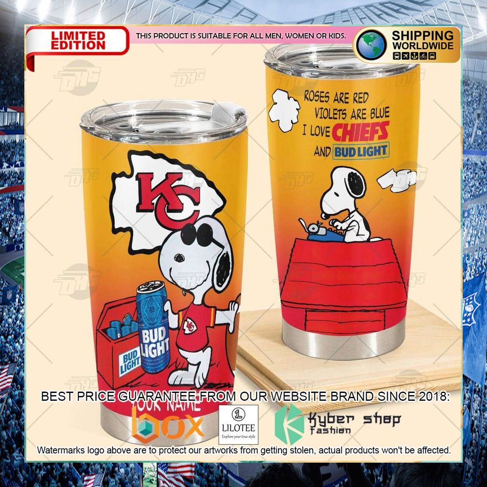 personalized nfl kansas city chiefs snoopy bud light beer tumbler 2 282
