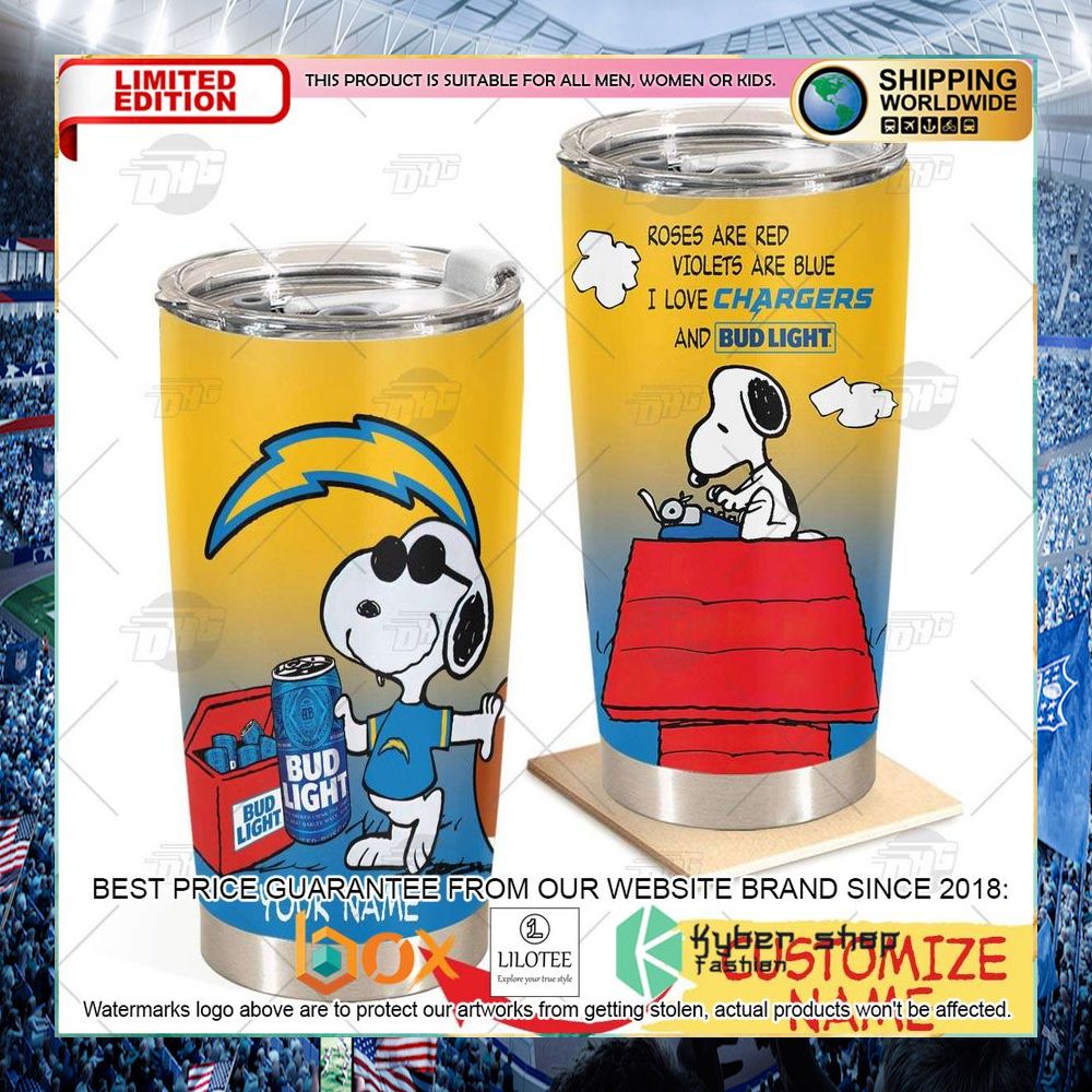 personalized nfl los angeles chargers snoopy bud light beer tumbler 1 449