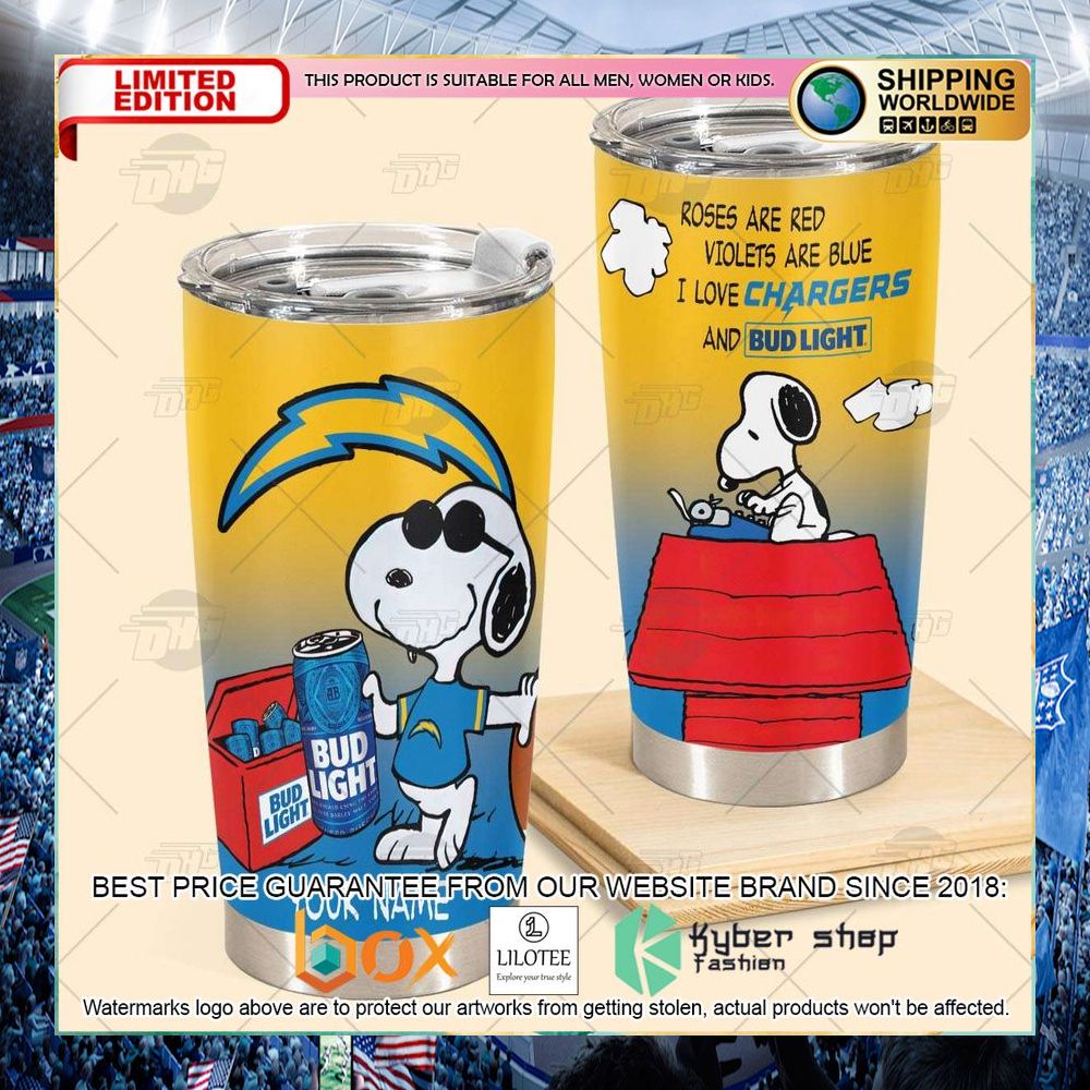 personalized nfl los angeles chargers snoopy bud light beer tumbler 2 550