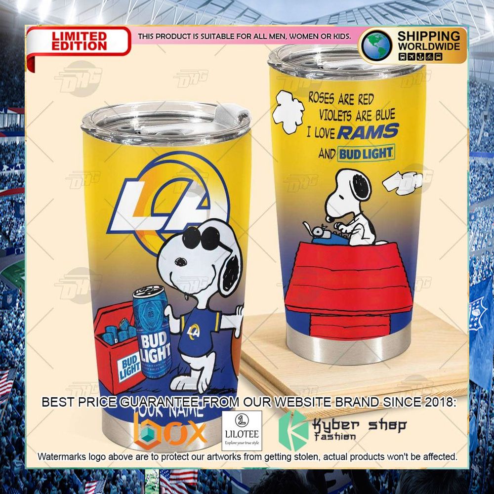 personalized nfl los angeles rams snoopy bud light beer tumbler 2 692