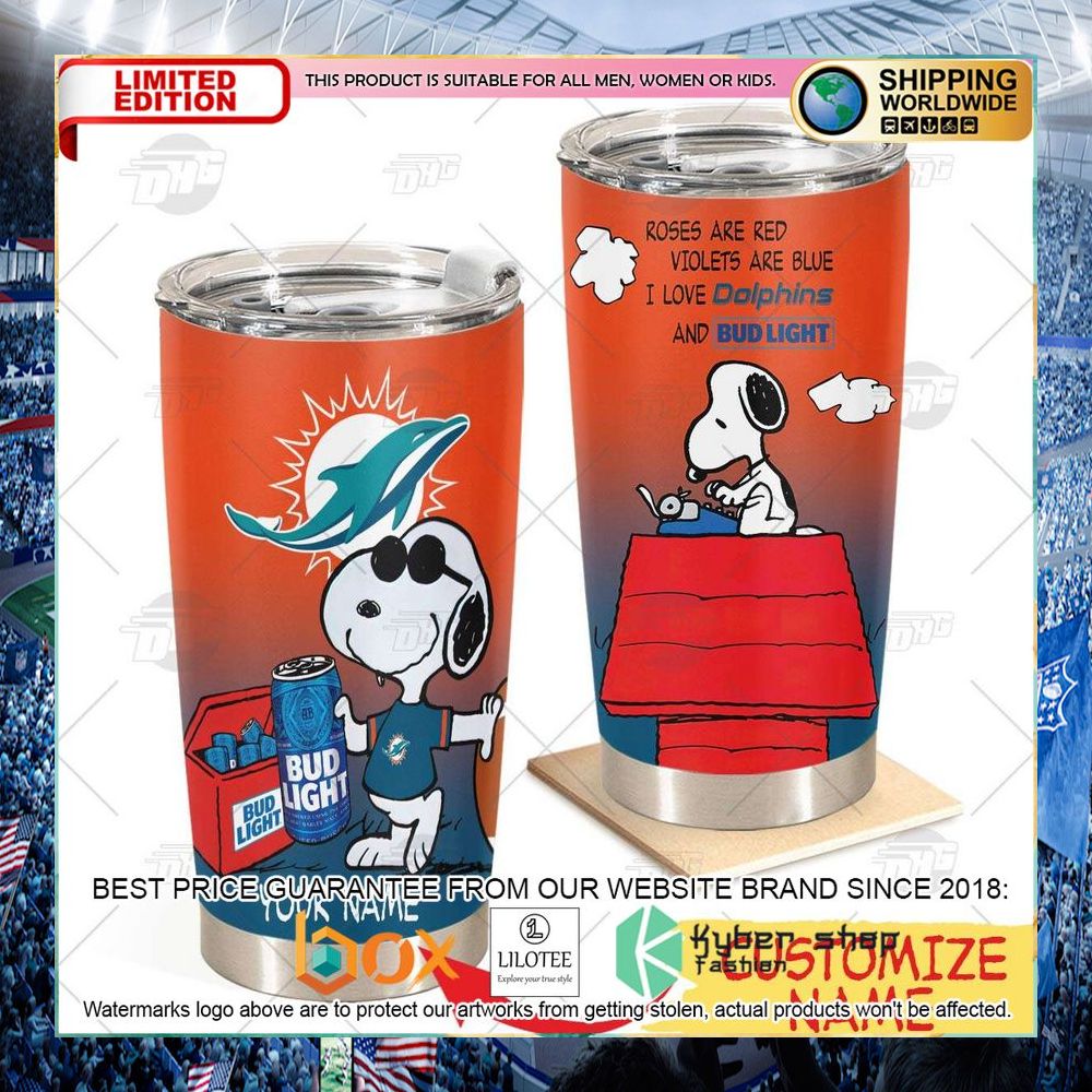 personalized nfl miami dolphins snoopy bud light beer tumbler 1 491