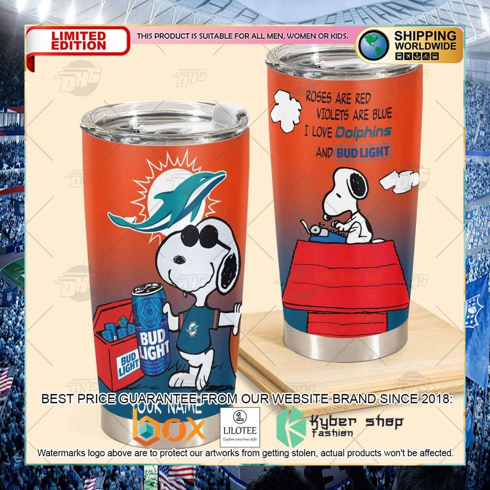 personalized nfl miami dolphins snoopy bud light beer tumbler 2 683