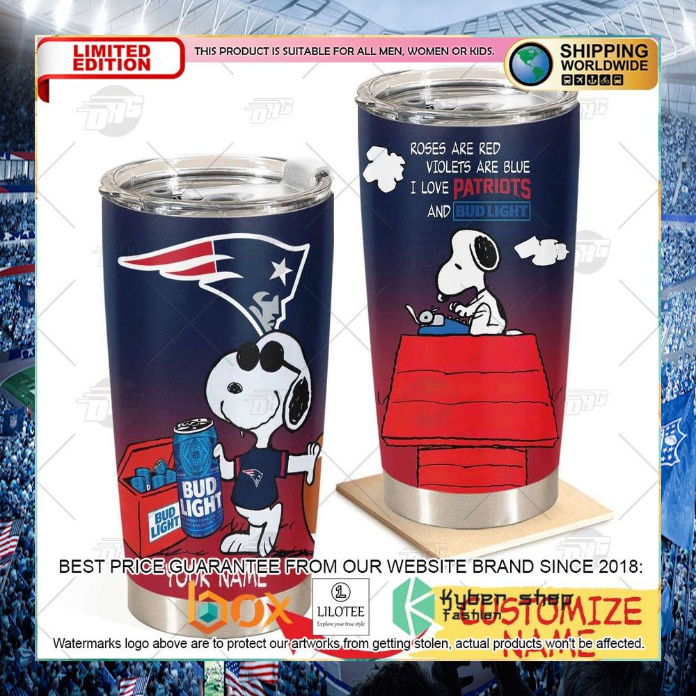 personalized nfl new england patriots snoopy bud light beer tumbler 1 726