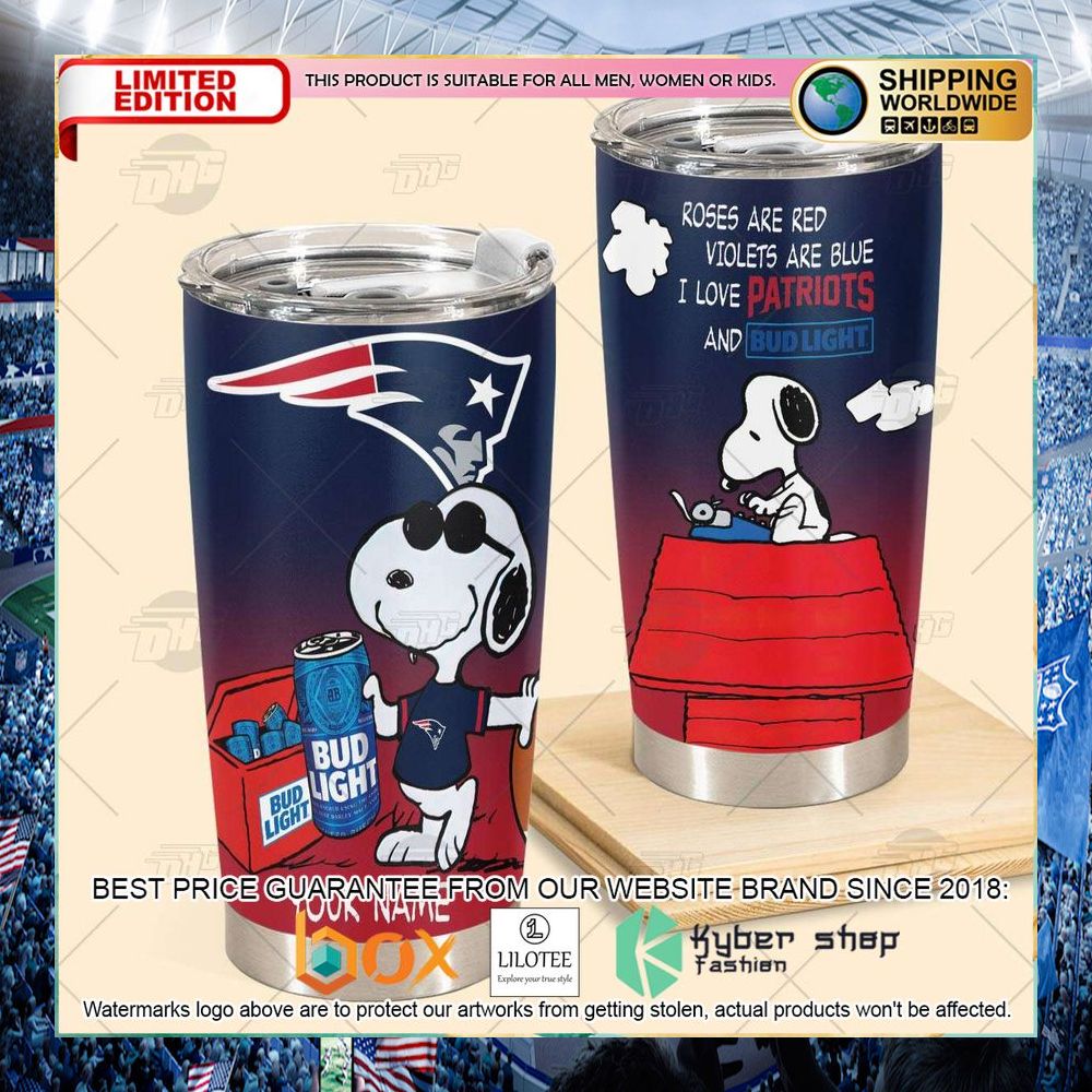 personalized nfl new england patriots snoopy bud light beer tumbler 2 656