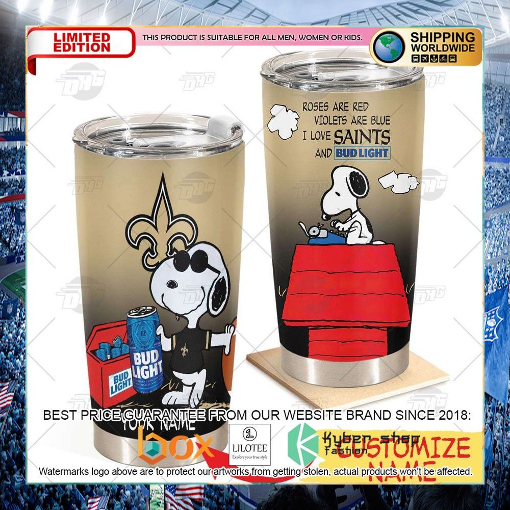 personalized nfl new orleans saints snoopy bud light beer tumbler 1 677