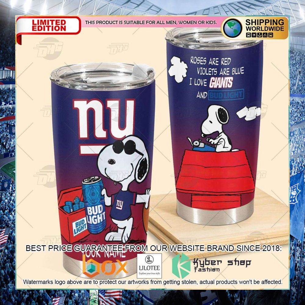 personalized nfl new york giants snoopy bud light beer tumbler 2 586