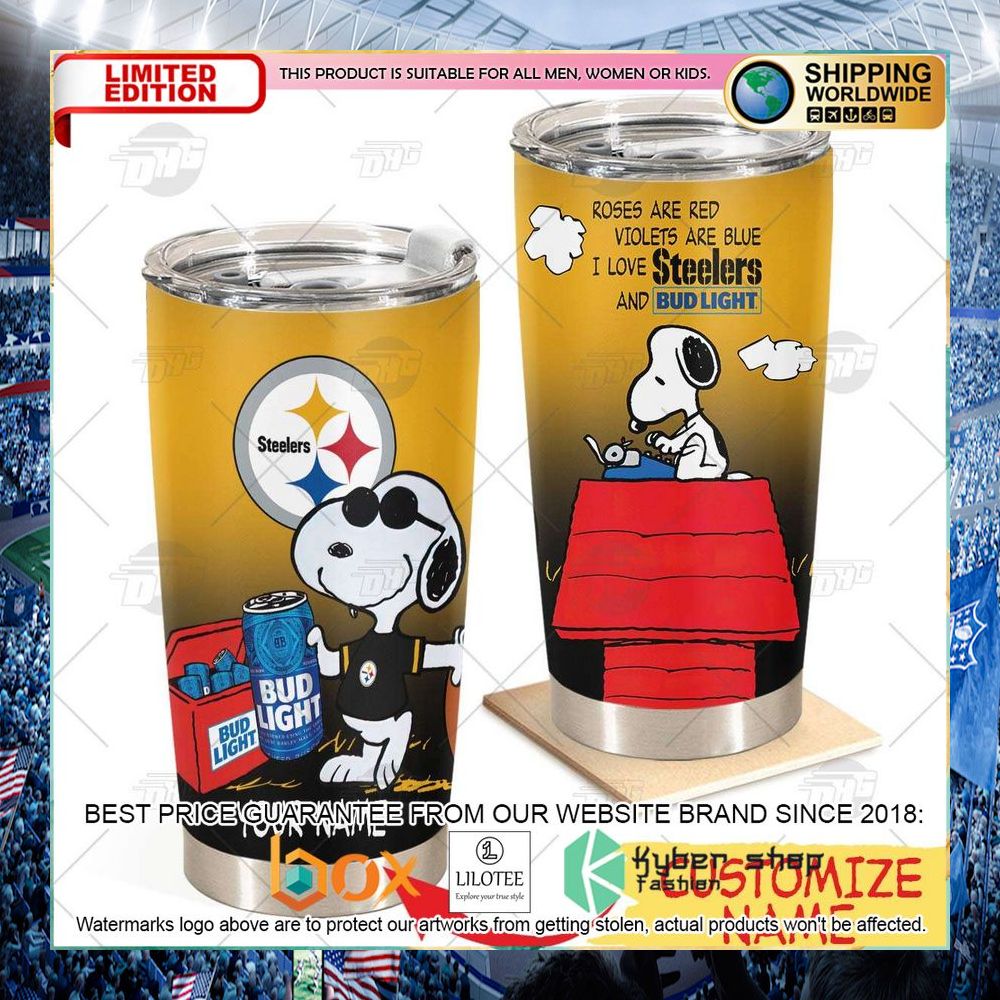 personalized nfl pittsburgh steelers snoopy bud light beer tumbler 1 242