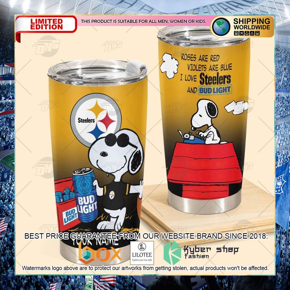 personalized nfl pittsburgh steelers snoopy bud light beer tumbler 2 674