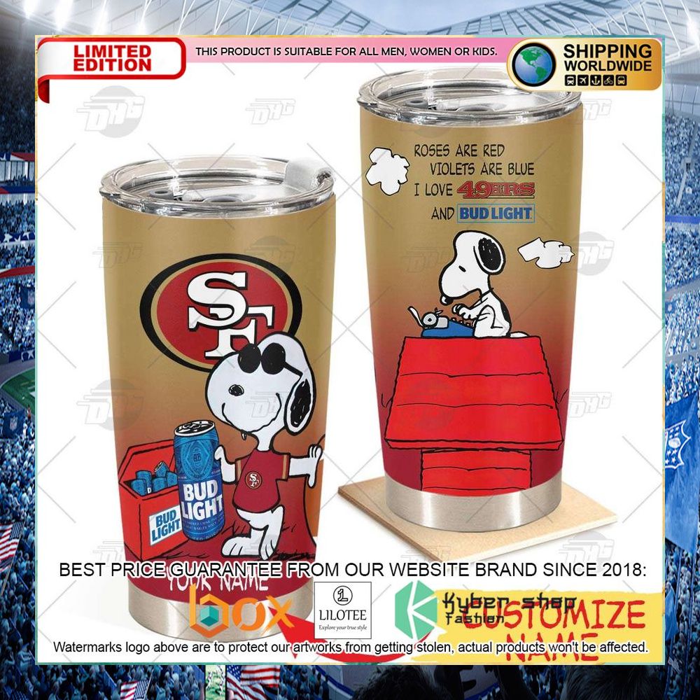 personalized nfl san francisco 49ers snoopy bud light beer tumbler 1 494