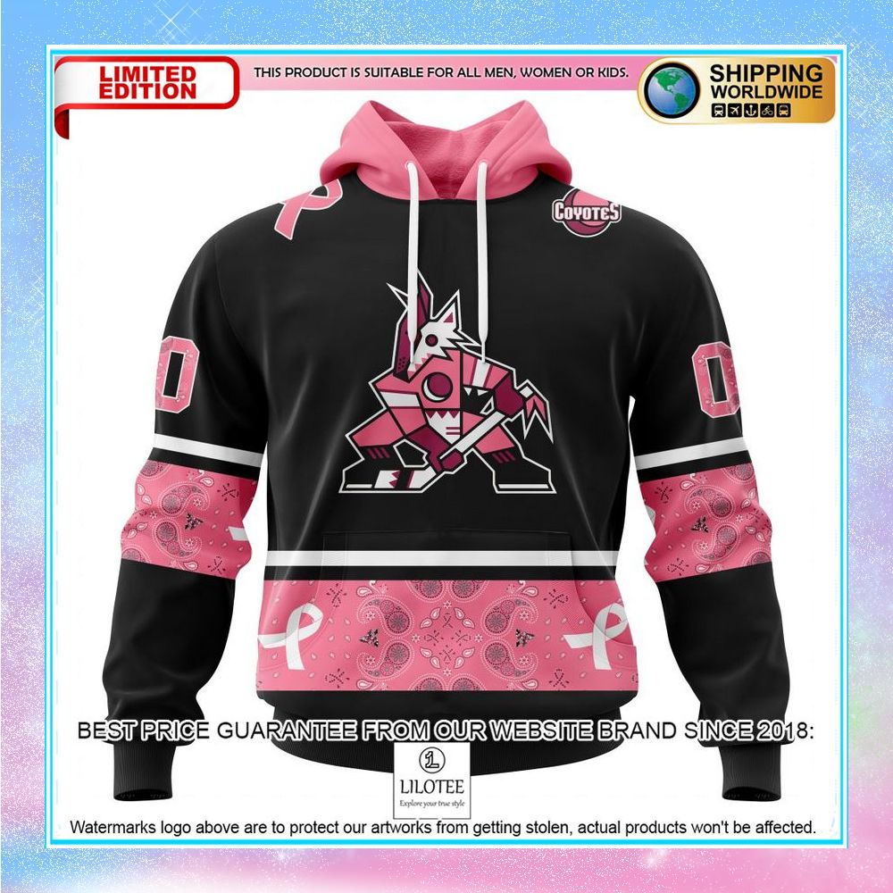 personalized nhl arizona coyotes design in classic style with paisley we wear pink breast cancer shirt hoodie 1 263