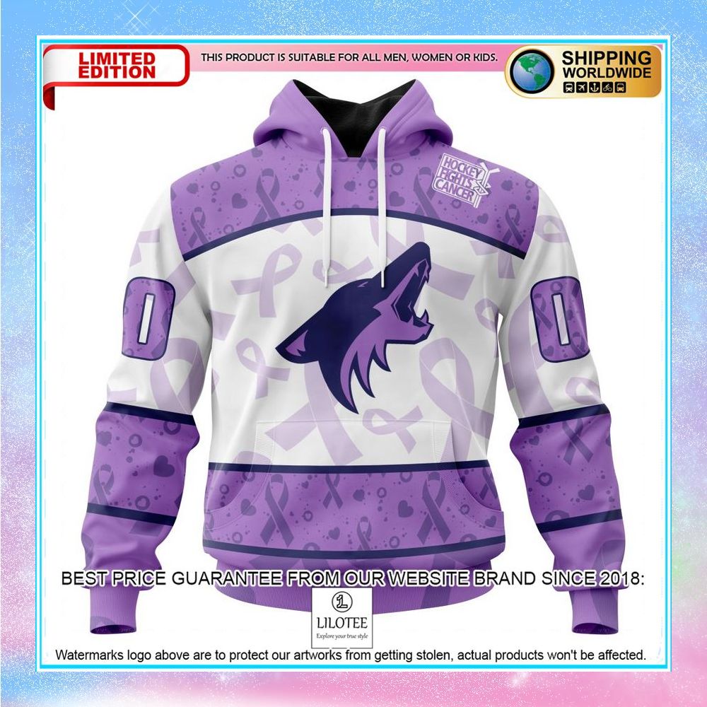personalized nhl arizona coyotes lavender fight cancer shirt hoodie 1 662