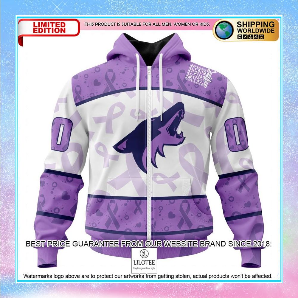 personalized nhl arizona coyotes lavender fight cancer shirt hoodie 2 846