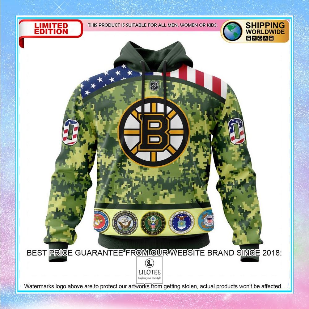 personalized nhl boston bruins honor military with camo shirt hoodie 1 362